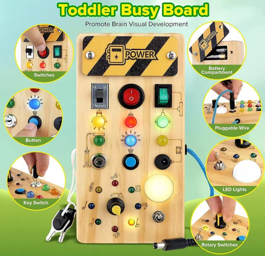 Montessori Wooden Busy Board - Sensory Activity Toy with LED Lights